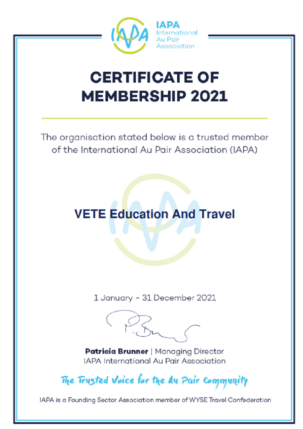 Certificado IAPA 2021 Vete de Au Pair